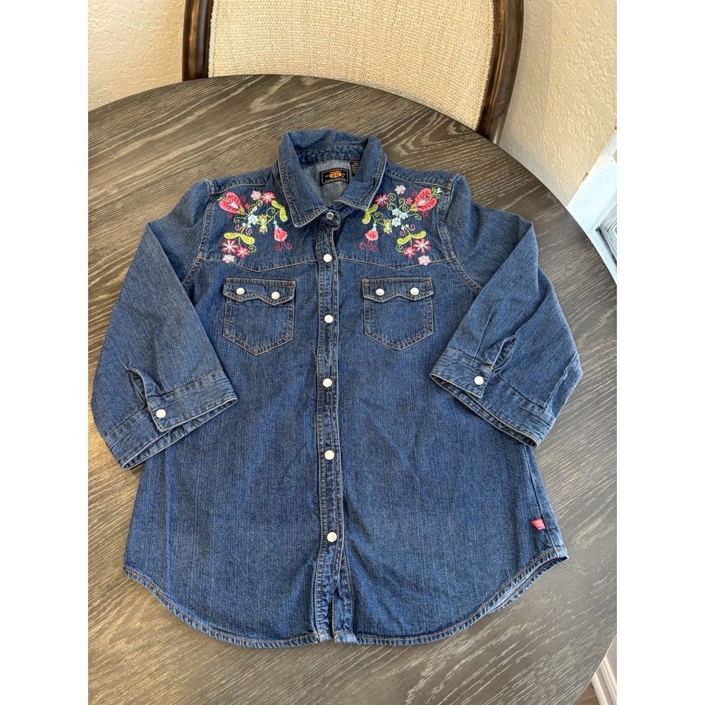 Route 66 Vintage Pearl Snap Denim Shirt embroidered Floral‎ Medium 3/4 Sleeve